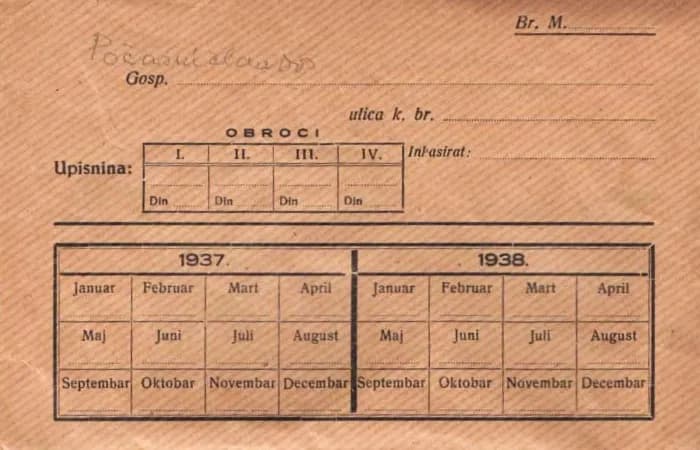 Članski karton s rubrikama za obroke upisnine za 1937. i 1938. godinu