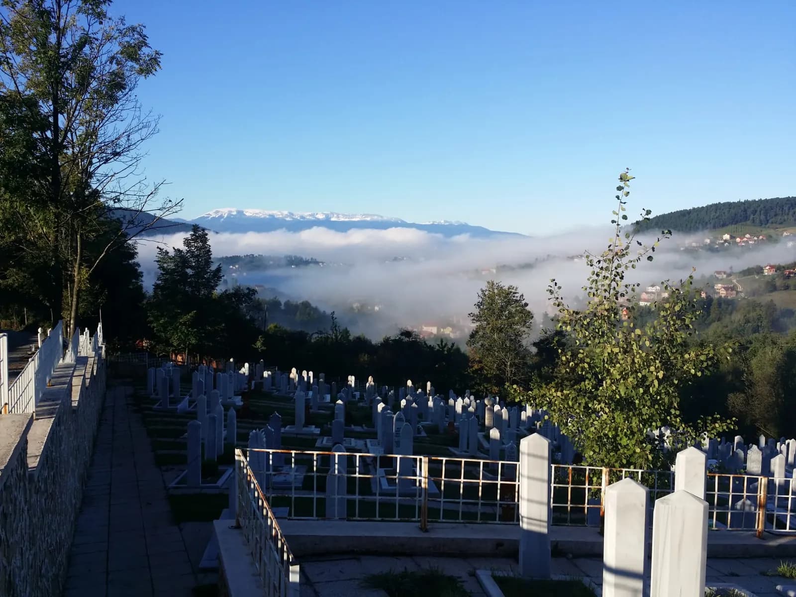 Staza između nišana na Faletićima, s pogledom na planine iznad magle