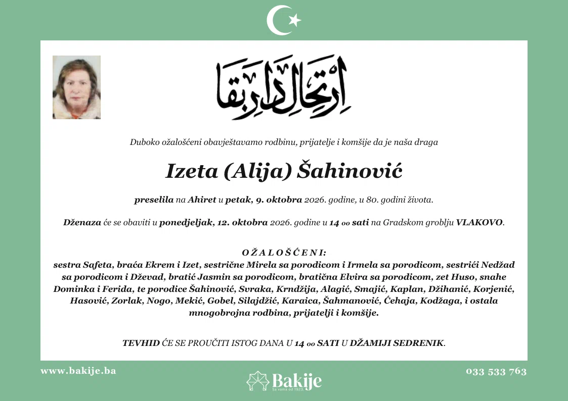 Smrtovnica — Izeta (Alija) Šahinović