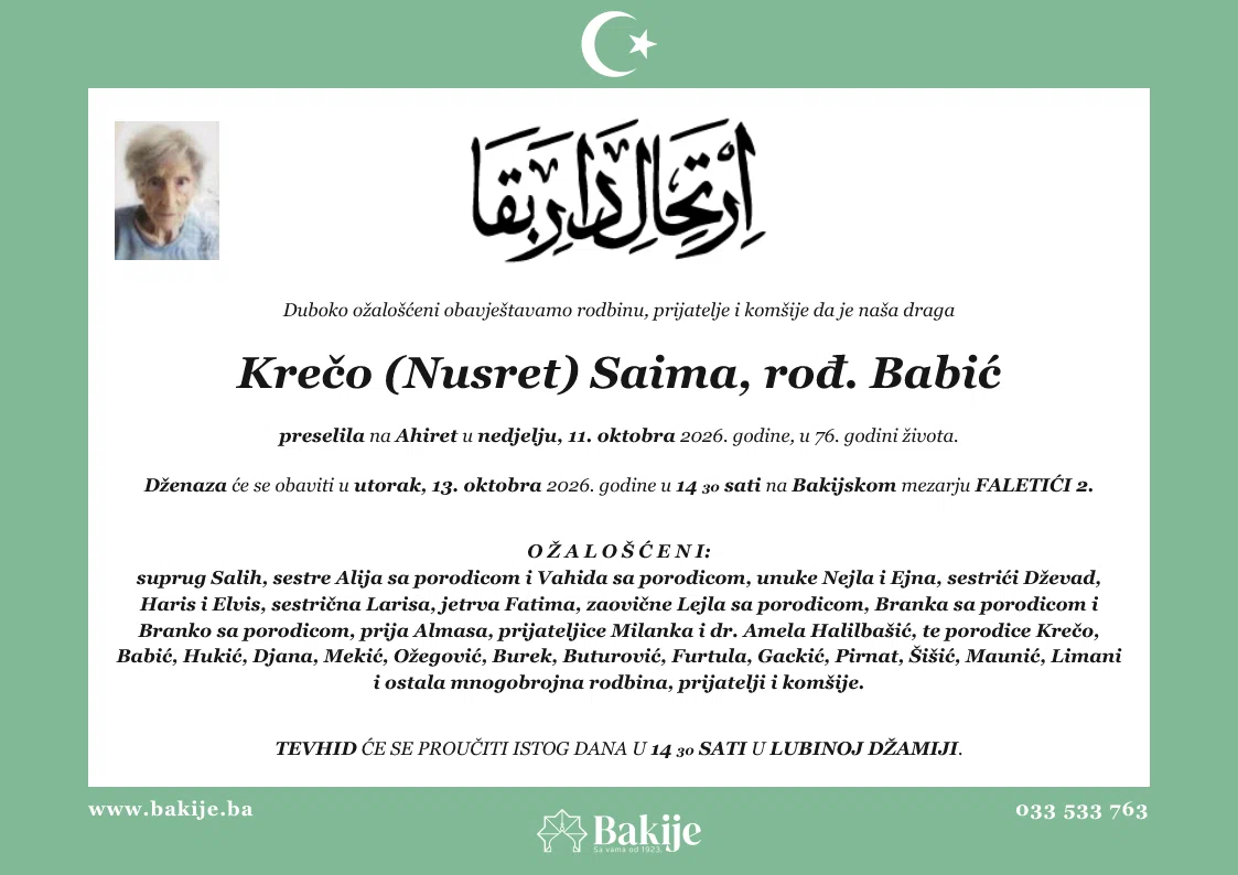 Smrtovnica — Krečo (Nusret) Saima, rođ. Babić