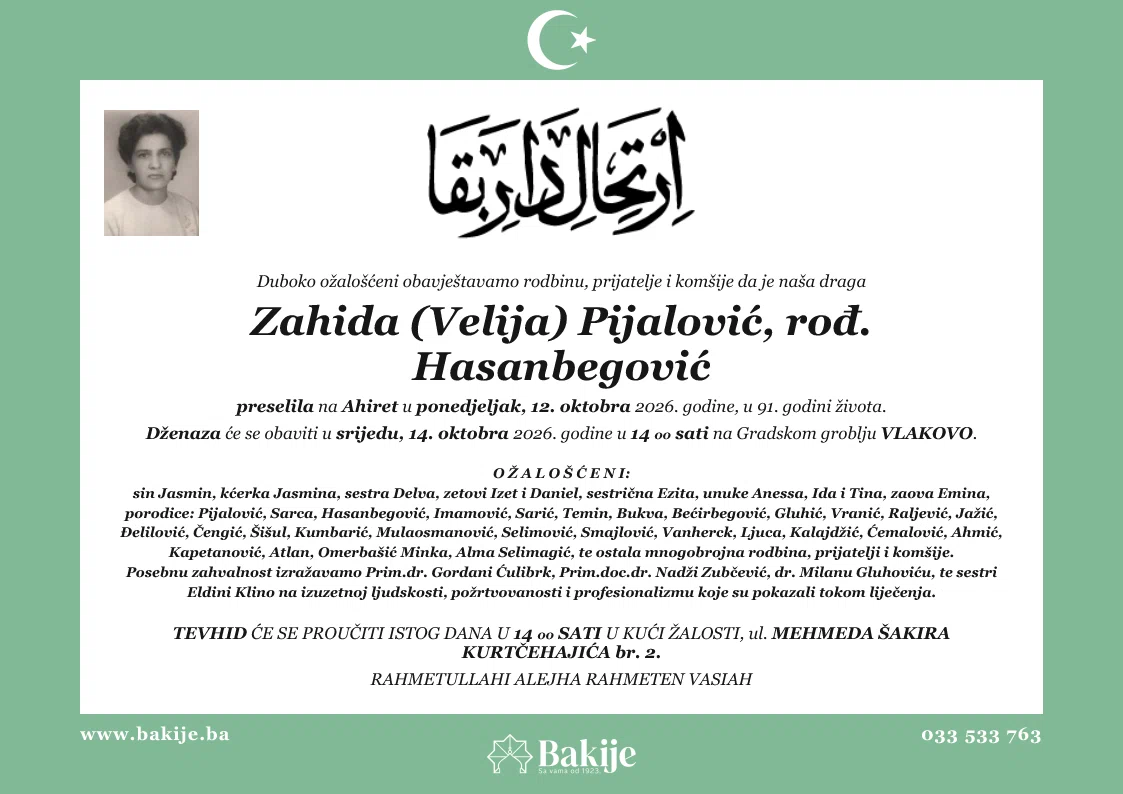 Smrtovnica — Zahida (Velija) Pijalović, rođ. Hasanbegović