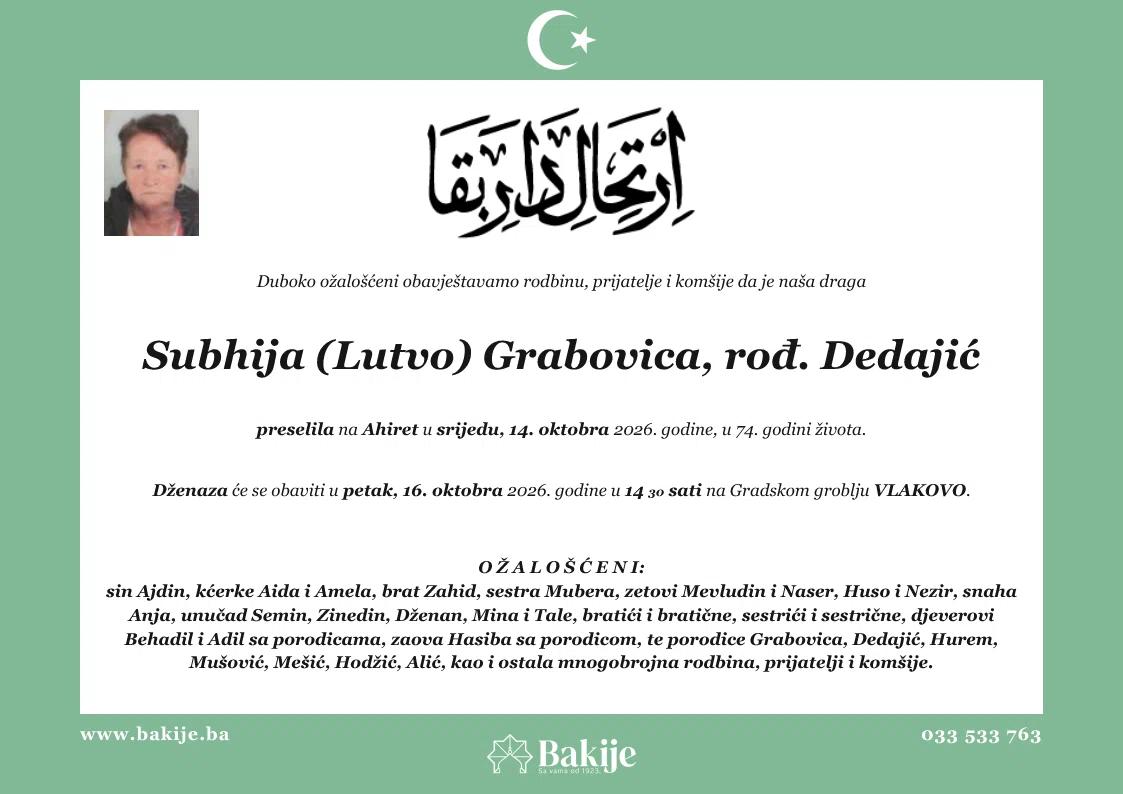 Smrtovnica — Subhija (Lutvo) Grabovica, rođ. Dedajić