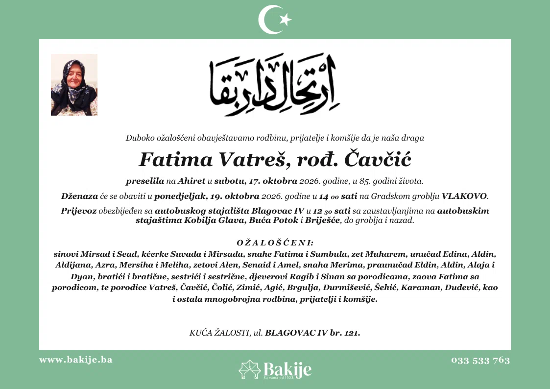 Smrtovnica — Fatima Vatreš, rođ. Čavčić