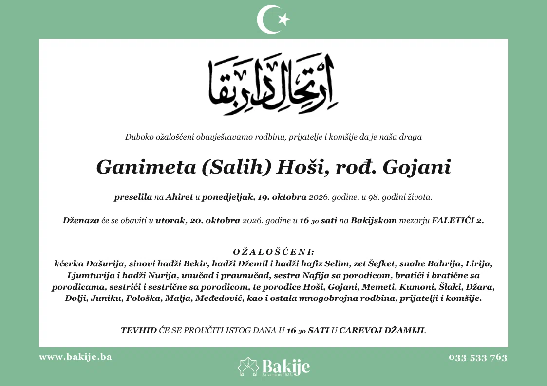Smrtovnica — Ganimeta (Salih) Hoši, rođ. Gojani