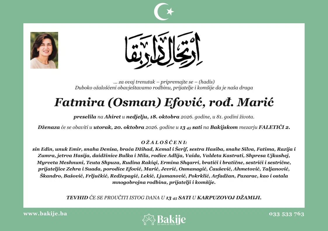 Smrtovnica — Fatmira (Osman) Efović, rođ. Marić