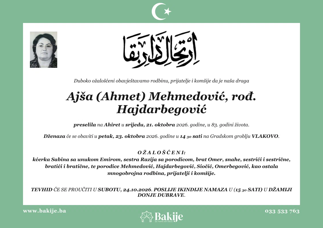 Smrtovnica — Ajša (Ahmet) Mehmedović, rođ. Hajdarbegović
