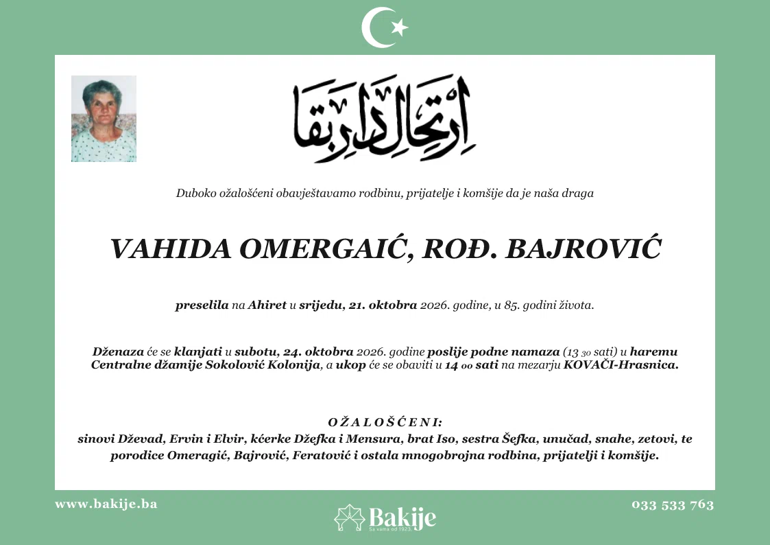 Smrtovnica — Vahida Omergaić, rođ. Bajrović