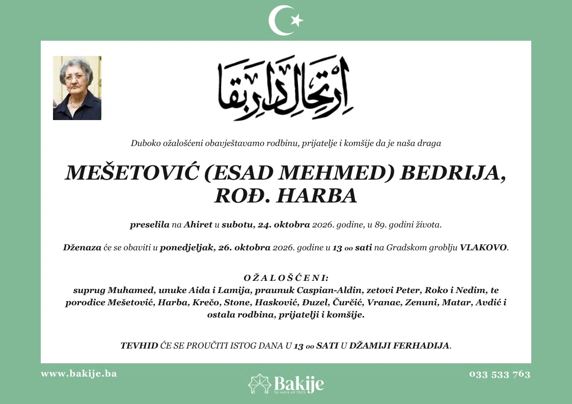 Smrtovnica — Mešetović (Esad Mehmed) Bedrija, rođ. Harba
