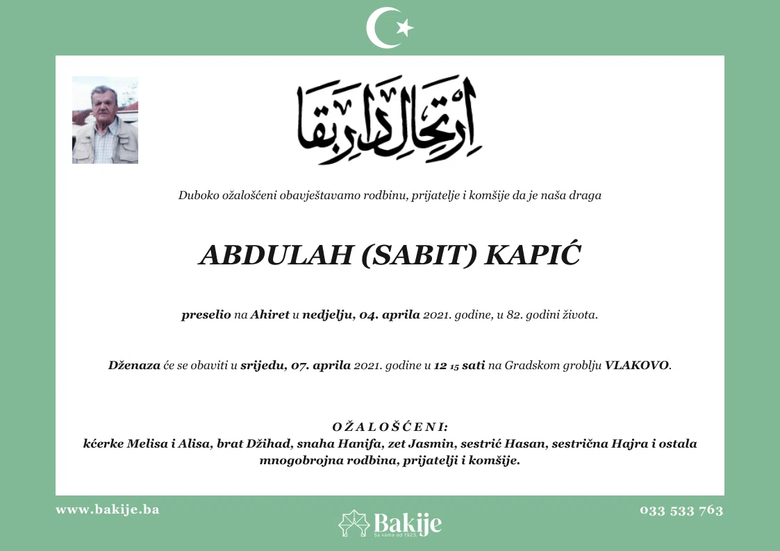 Smrtovnica — Abdulah (Sabit) Kapić