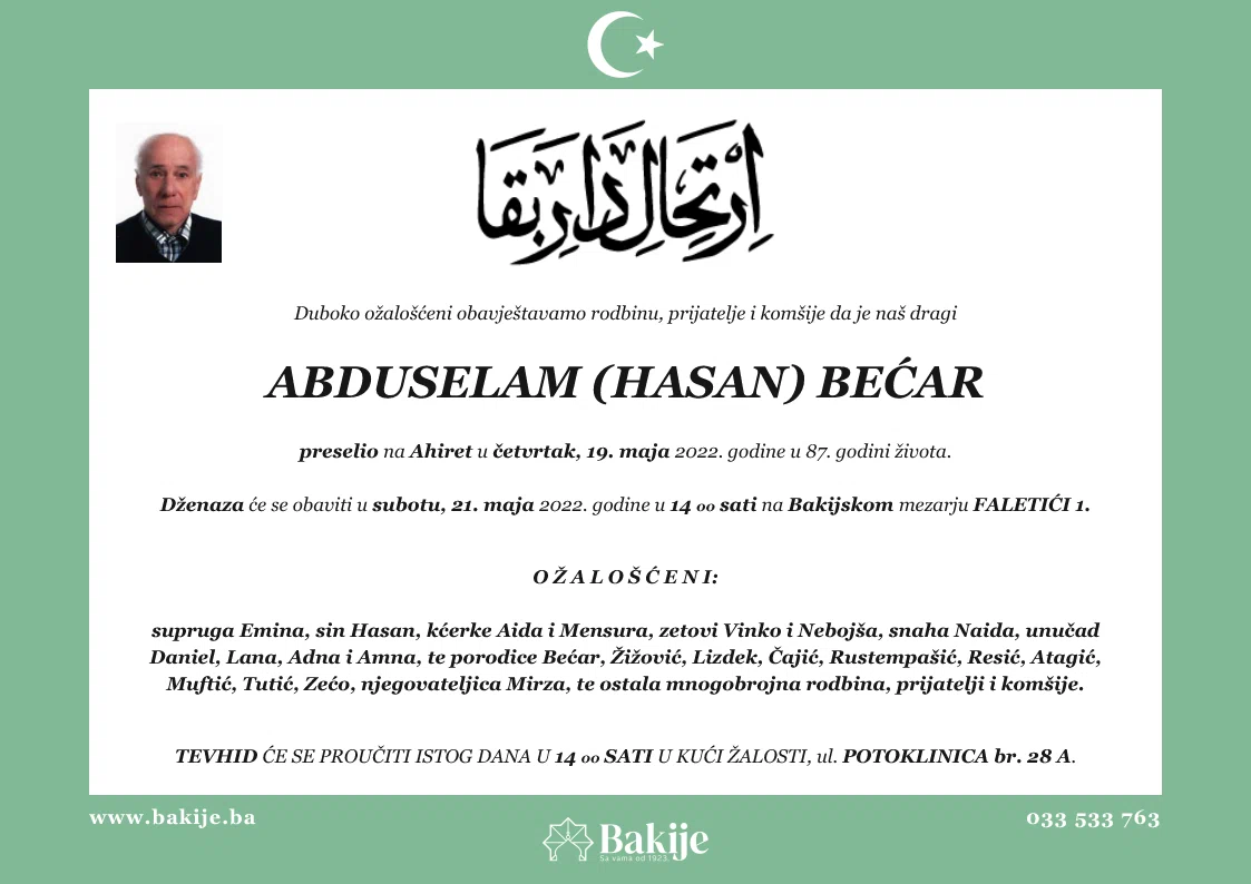 Smrtovnica — Abduselam (Hasan) Bećar