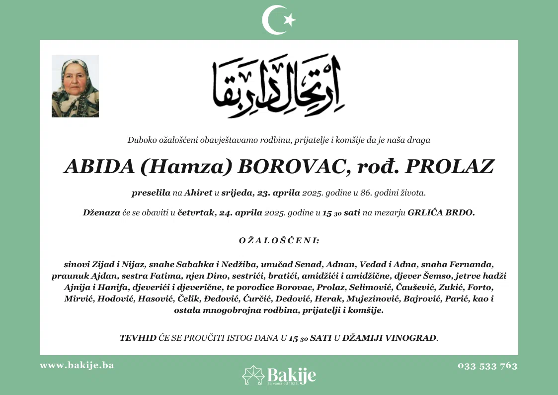 Smrtovnica — Abida (Hamza) Borovac, rođ. Prolaz
