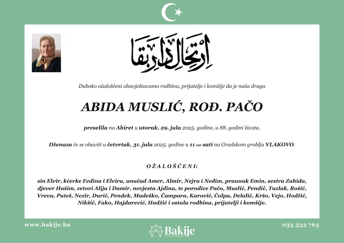 Smrtovnica — Abida Muslić, rođ. Pačo