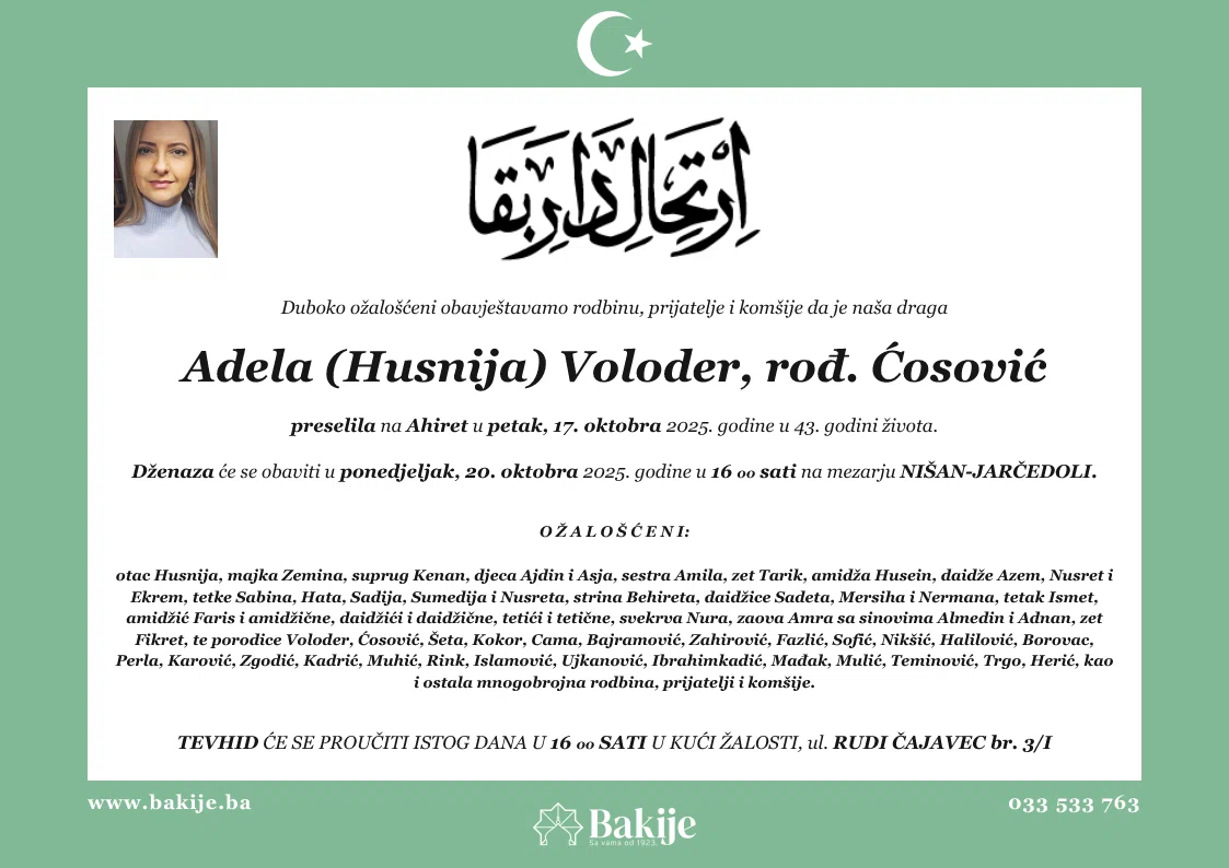 Smrtovnica — Adela (Husnija) Voloder, rođ. Ćosović