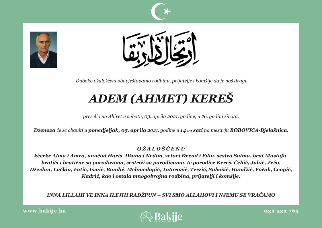 Smrtovnica — Adem (Ahmet) Kereš
