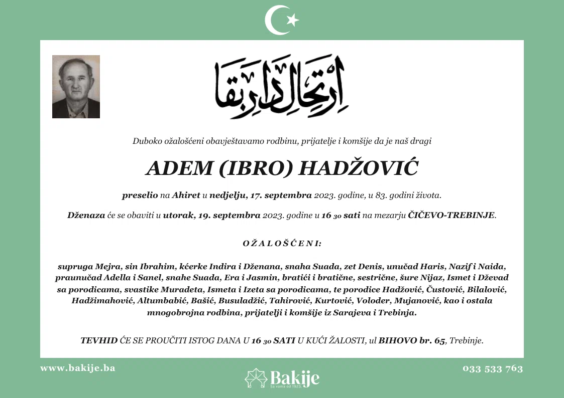 Smrtovnica — Adem (Ibro) Hadžović