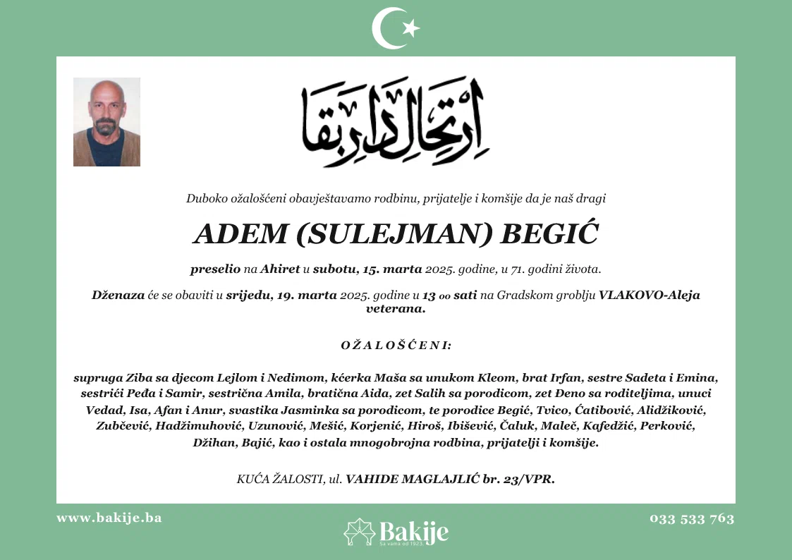 Smrtovnica — Adem (Sulejman) Begić