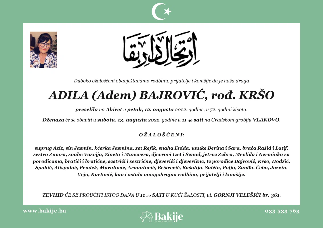 Smrtovnica — Adila (Adem) Bajrović, rođ. Kršo