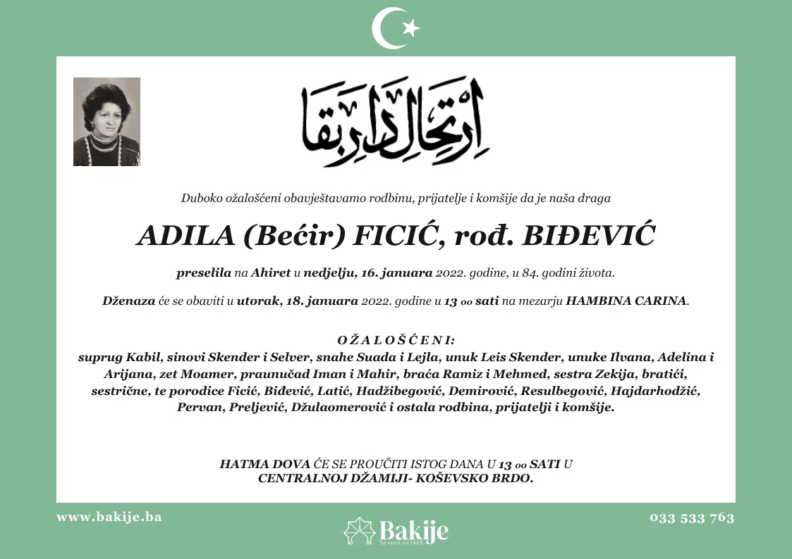 Smrtovnica — Adila (Bećir) Ficić, rođ. Biđević