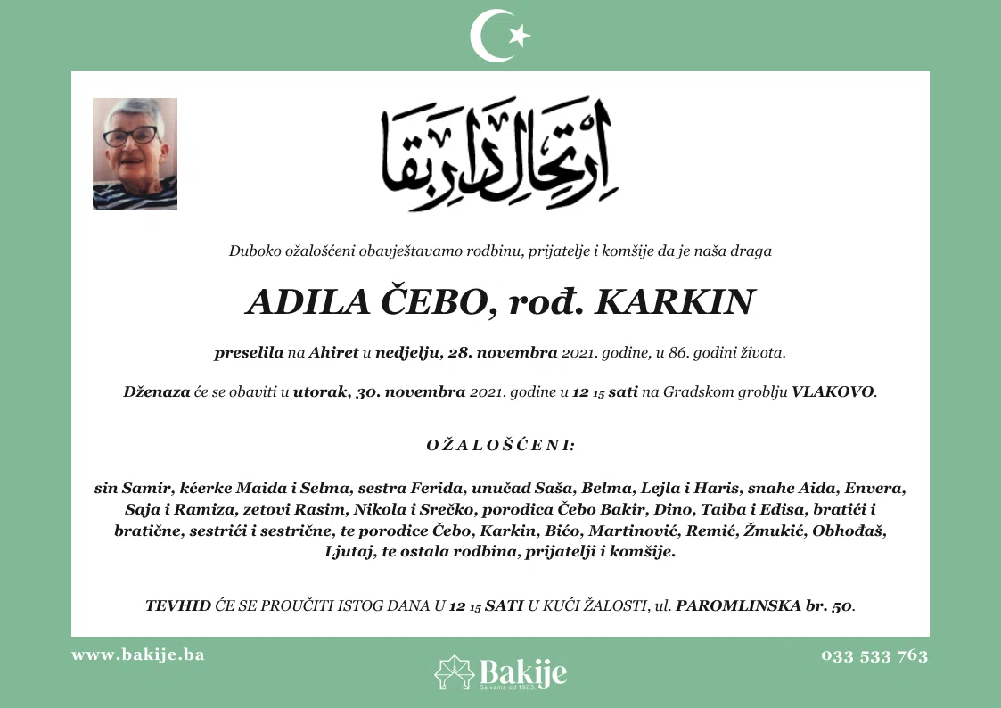 Smrtovnica — Adila Čebo, rođ. Karkin