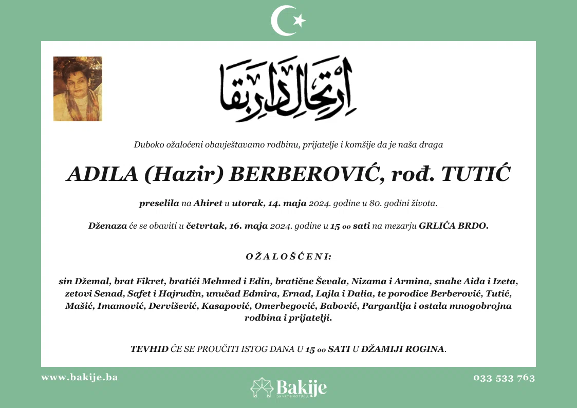 Smrtovnica — Adila (Hazir) Berberović, rođ. Tutić