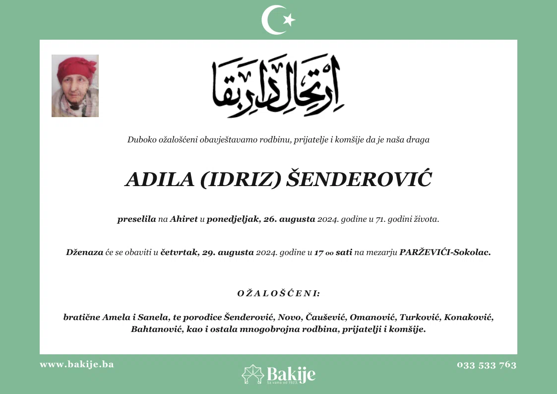 Smrtovnica — Adila (Idriz) Šenderović