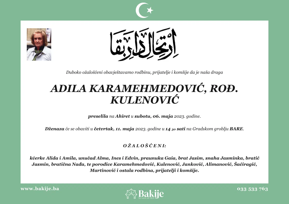Smrtovnica — Adila Karamehmedović, rođ. Kulenović