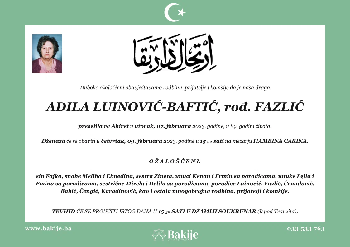 Smrtovnica — Adila Luinović-Baftić, rođ. Fazlić
