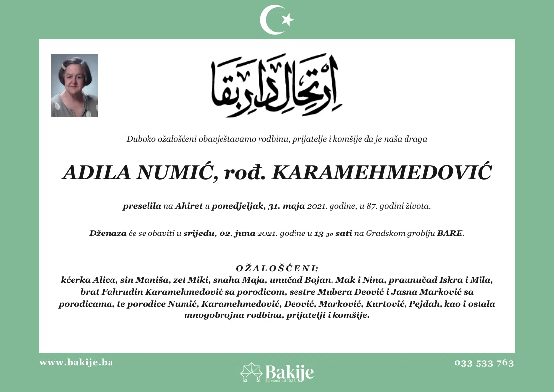 Smrtovnica — Adila Numić, rođ. Karamehmedović