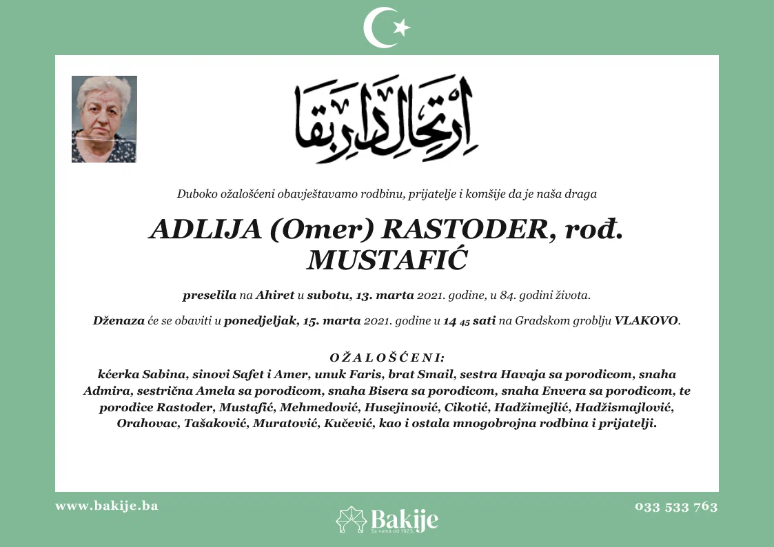 Smrtovnica — Adlija (Omer) Rastoder, rođ. Mustafić
