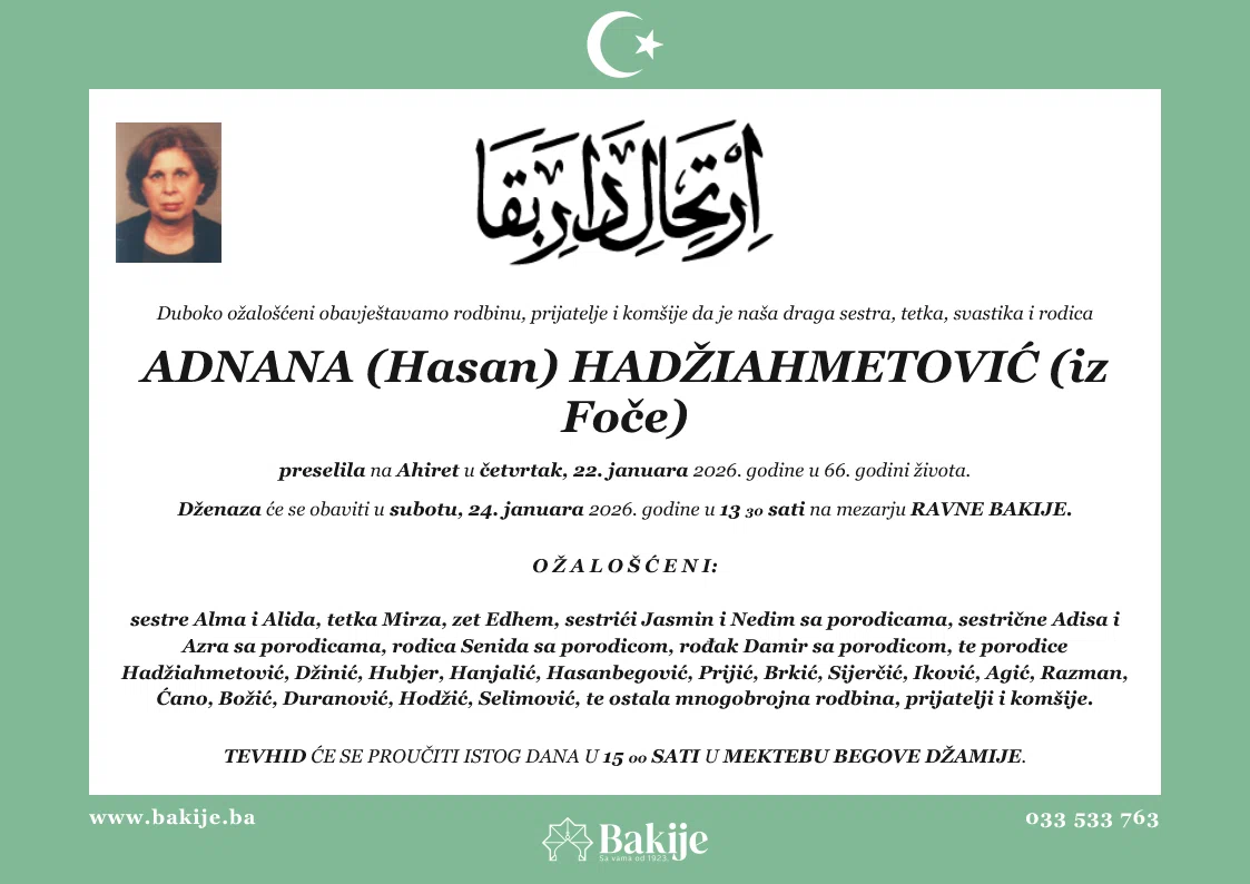 Smrtovnica — Adnana (Hasan) Hadžiahmetović (Iz Foče)