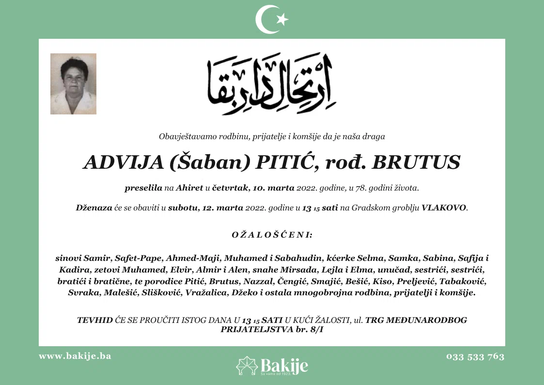 Smrtovnica — Advija (Šaban) Pitić, rođ. Brutus