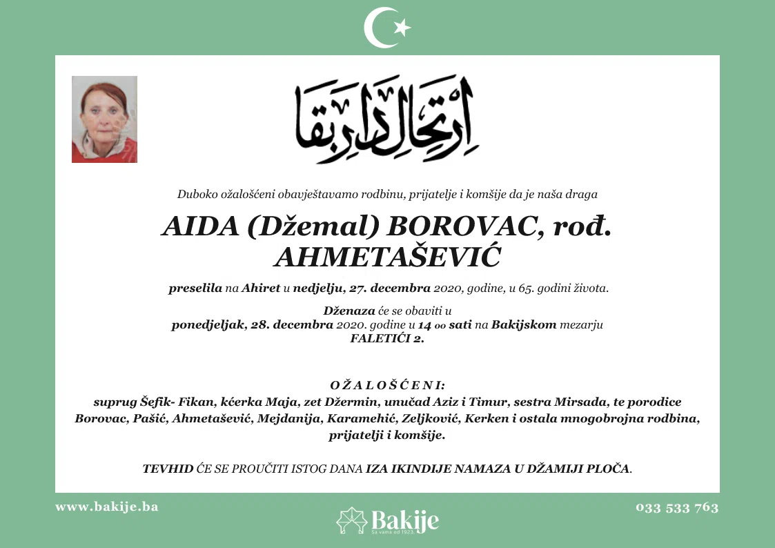 Smrtovnica — Aida (Džemal) Borovac, rođ. Ahmetašević