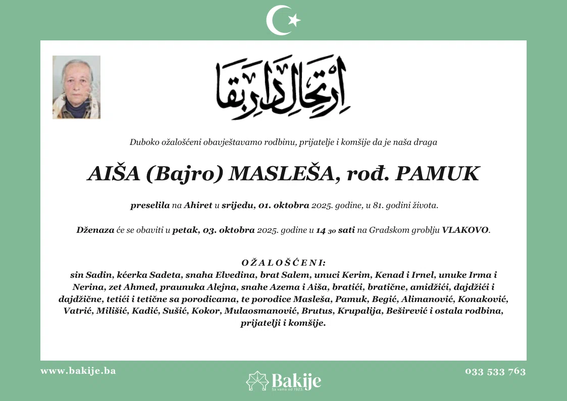 Smrtovnica — Aiša (Bajro) Masleša, rođ. Pamuk
