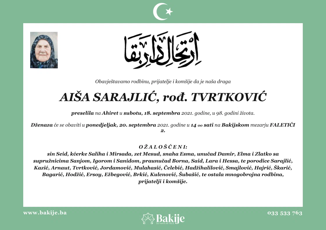 Smrtovnica — Aiša Sarajlić, rođ. Tvrtković