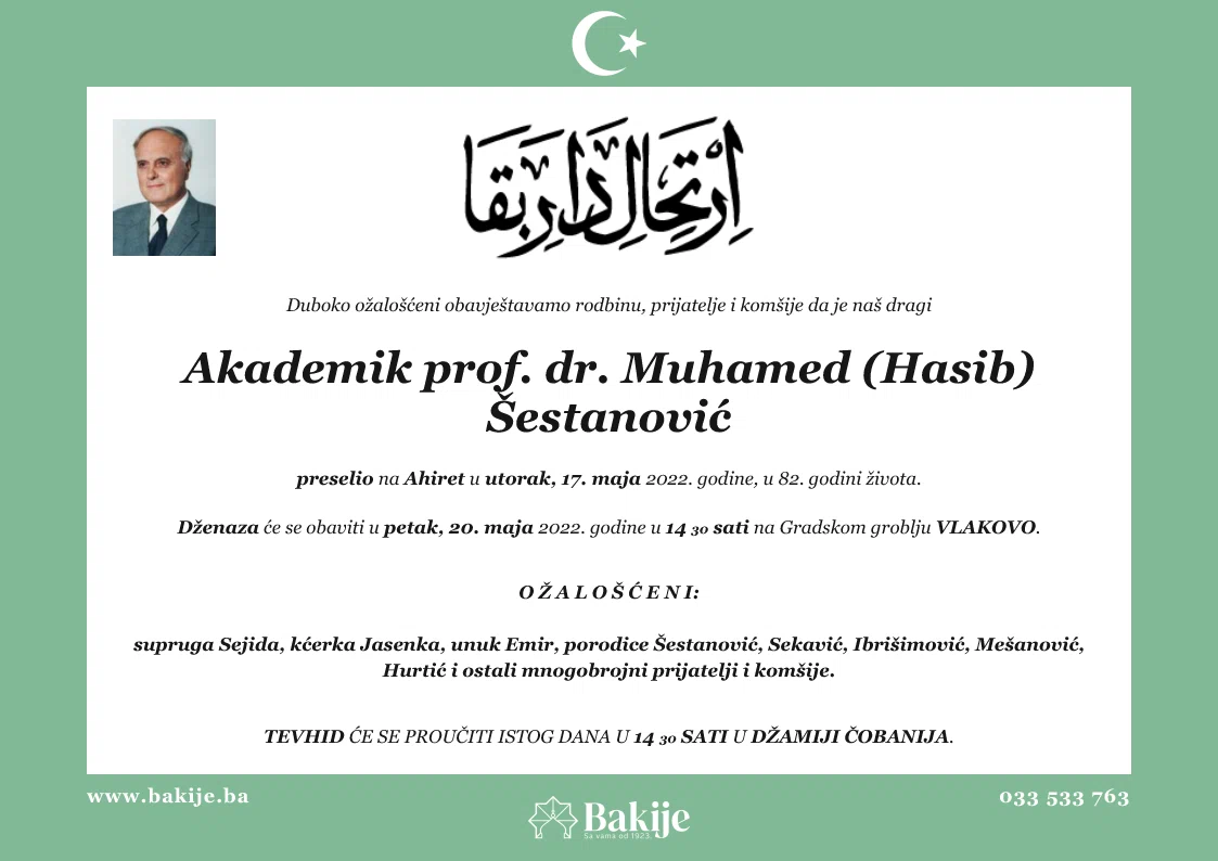 Smrtovnica — Akademik Prof. Dr. Muhamed (Hasib) Šestanović