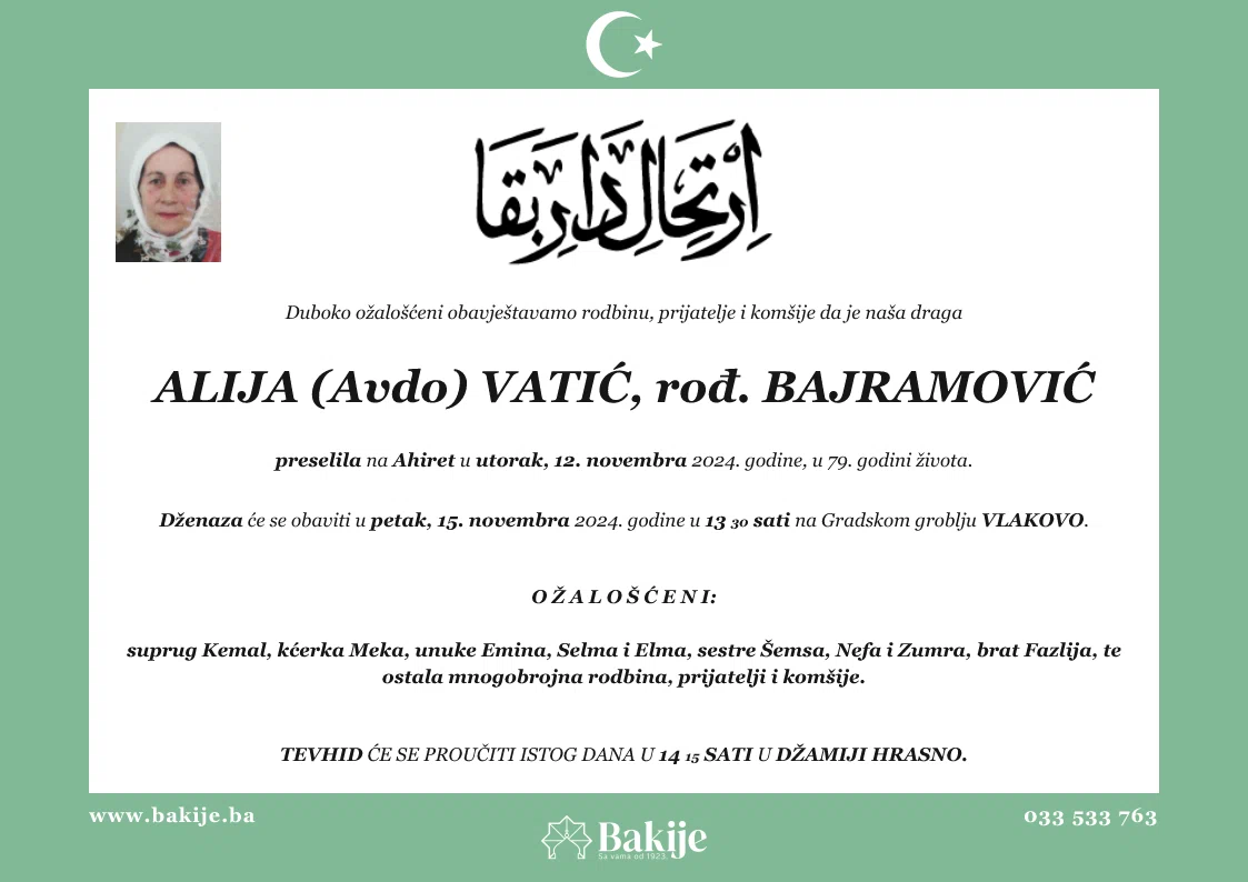 Smrtovnica — Alija (Avdo) Vatić, rođ. Bajramović