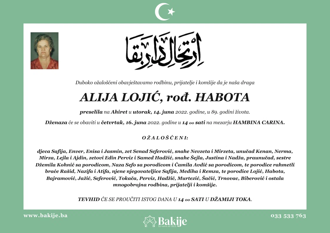 Smrtovnica — Alija Lojić, rođ. Habota