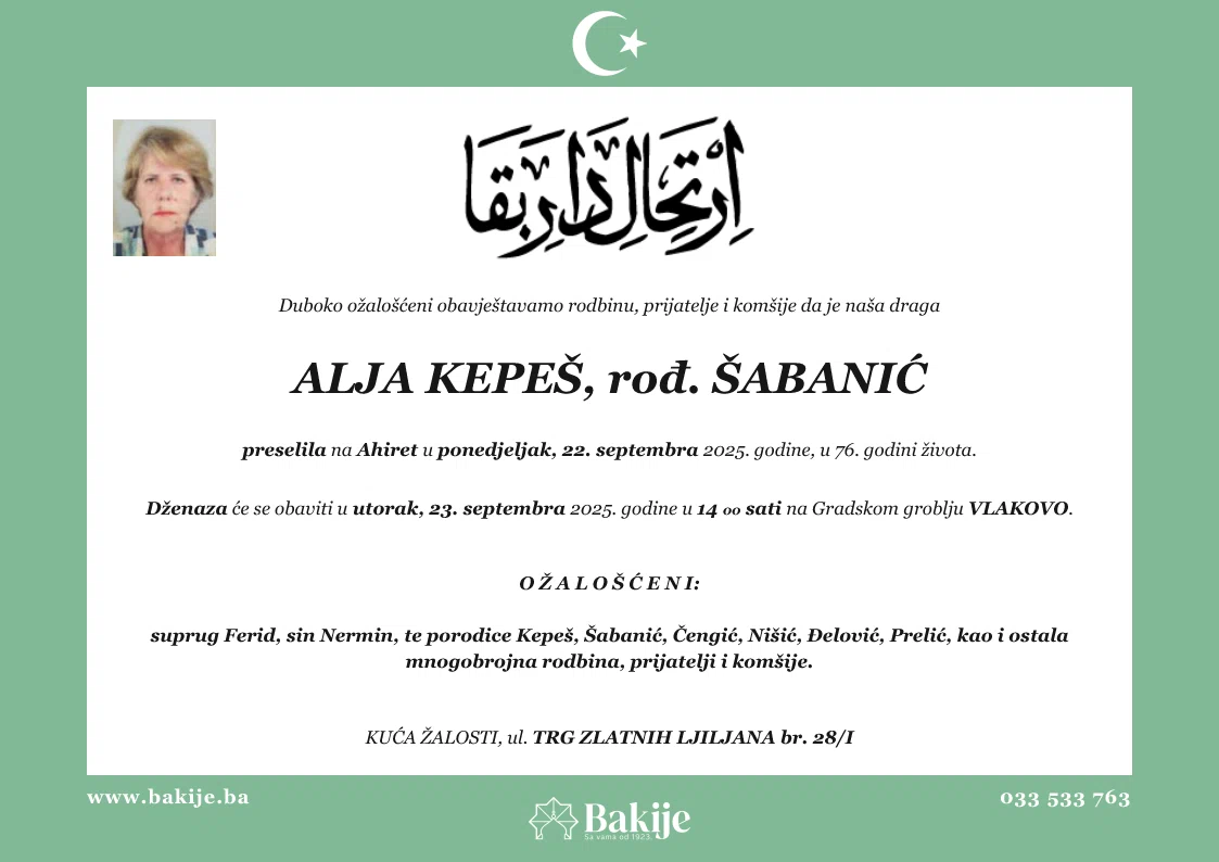 Smrtovnica — Alja Kepeš, rođ. Šabanić
