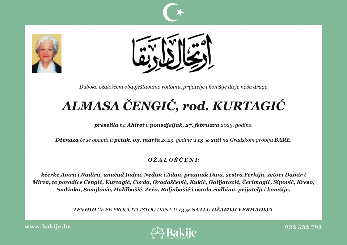 Smrtovnica — Almasa Čengić, rođ. Kurtagić