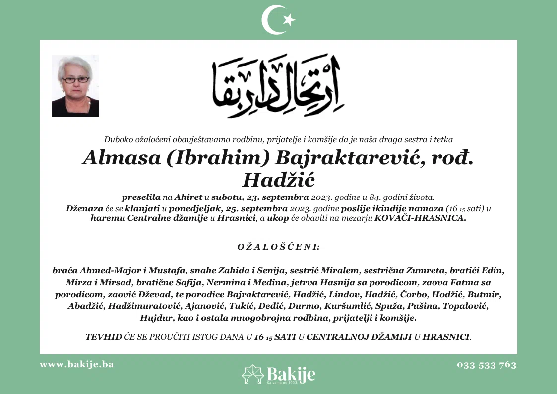 Smrtovnica — Almasa (Ibrahim) Bajraktarević, rođ. Hadžić