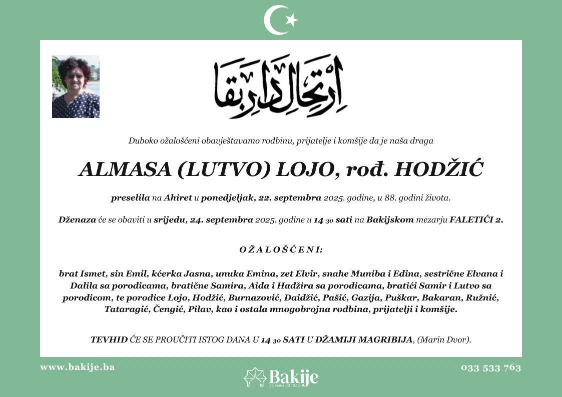 Smrtovnica — Almasa (Lutvo) Lojo, rođ. Hodžić