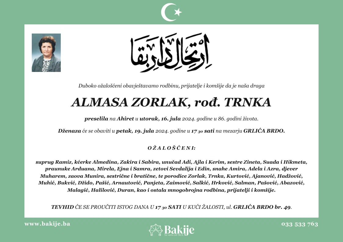 Smrtovnica — Almasa Zorlak, rođ. Trnka