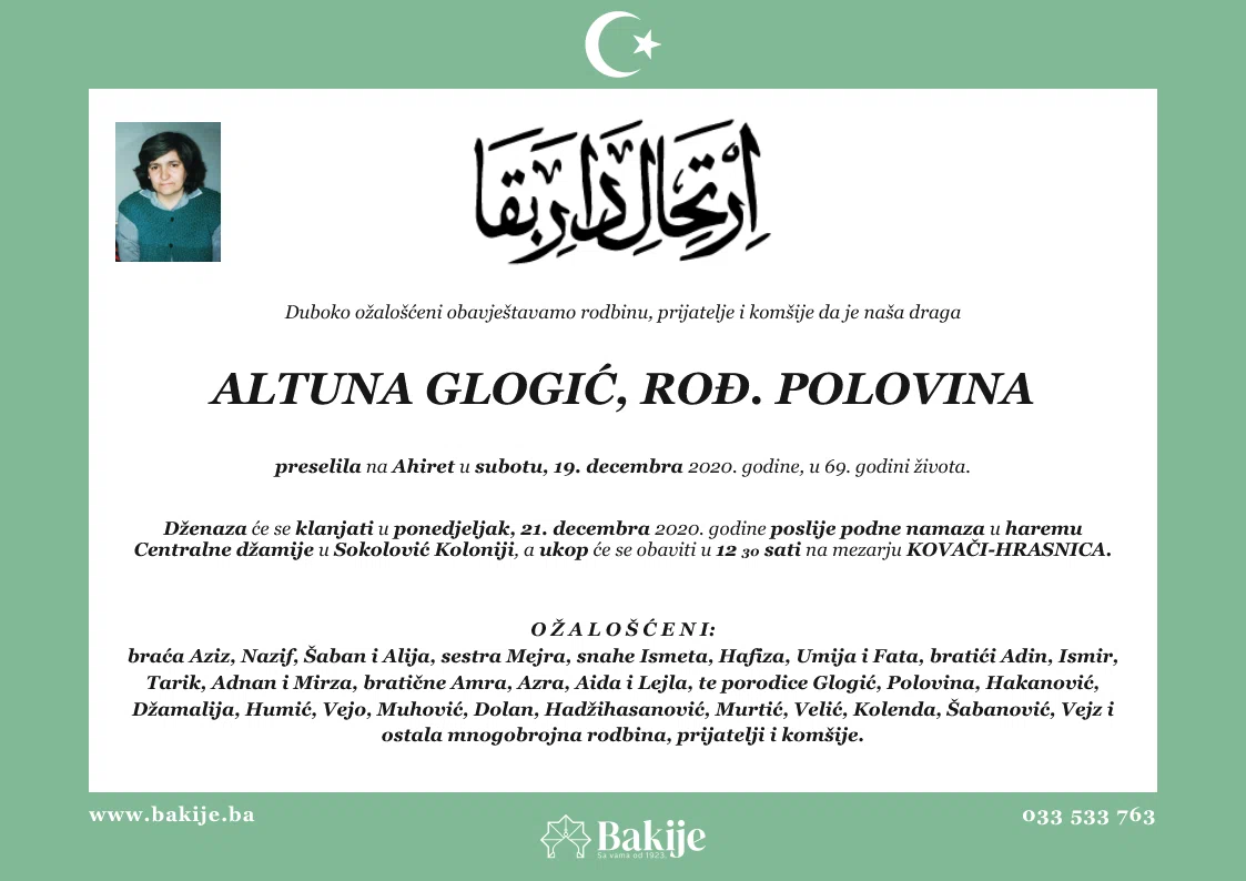 Smrtovnica — Altuna Glogić, rođ. Polovina