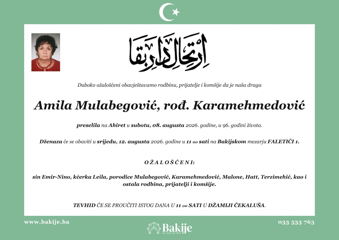 Smrtovnica — Amila Mulabegović, rođ. Karamehmedović