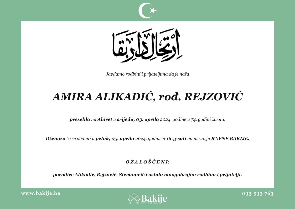 Smrtovnica — Amira Alikadić, rođ. Rejzović
