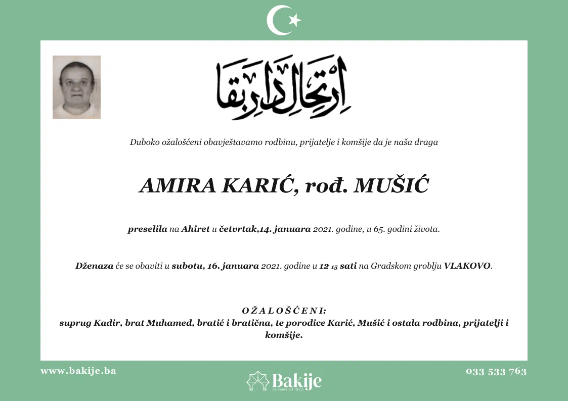 Smrtovnica — Amira Karić, rođ. Mušić