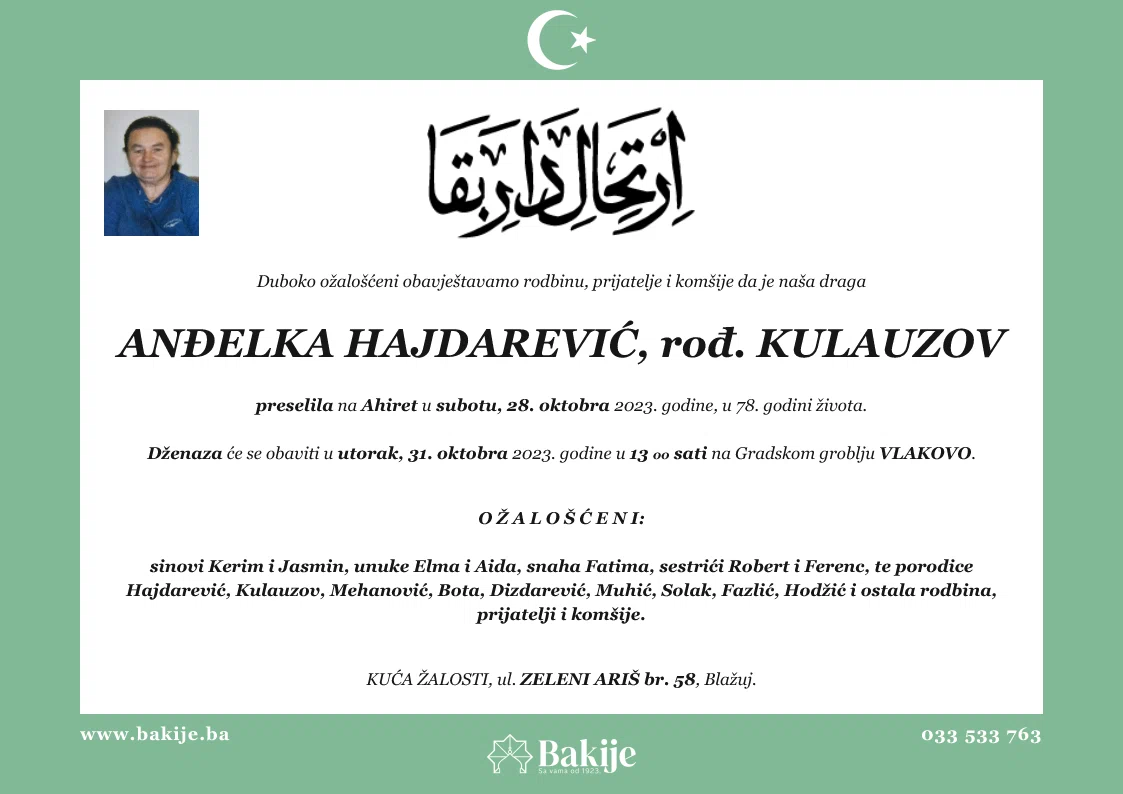 Smrtovnica — Anđelka Hajdarević, rođ. Kulauzov