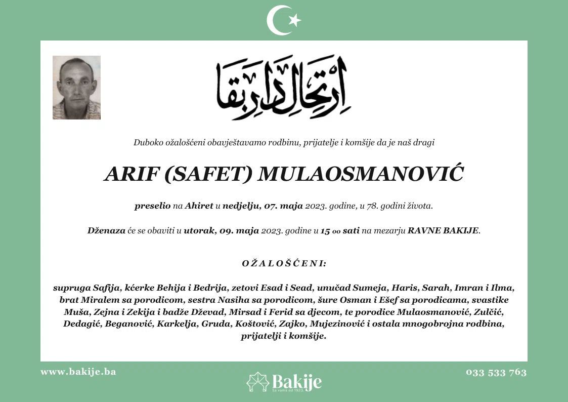 Smrtovnica — Arif (Safet) Mulaosmanović