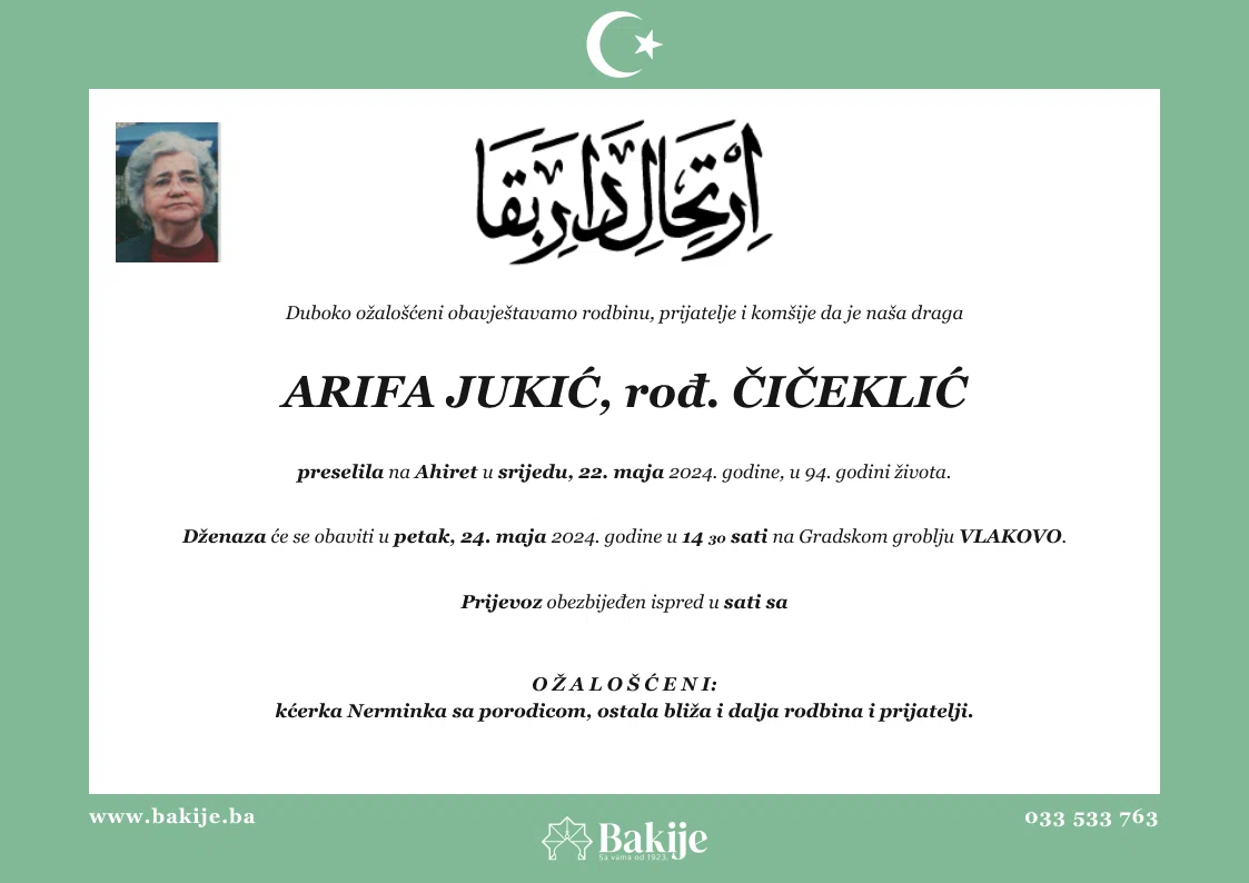 Smrtovnica — Arifa Jukić, rođ. Čičeklić