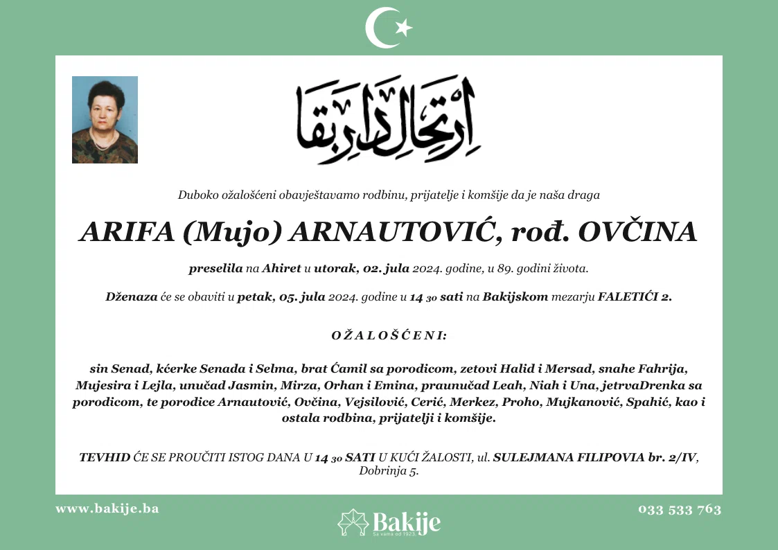 Smrtovnica — Arifa (Mujo) Arnautović, rođ. Ovčina
